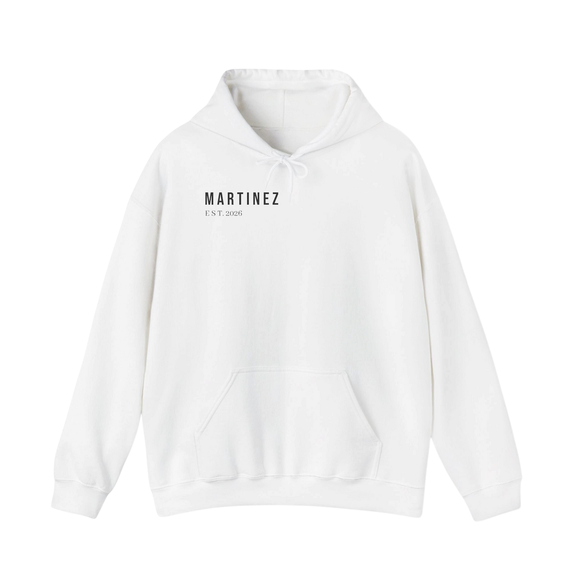 MARTINEZ Hoodie in White - heavyweight 271 GSM unisex hoodie with MARTINEZ EST. 2026 print