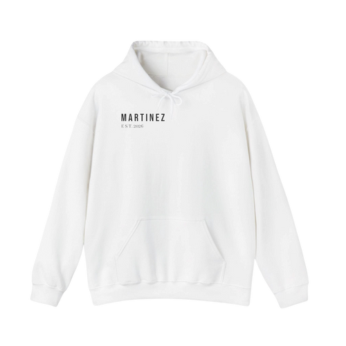 MARTINEZ Hoodie in White - heavyweight 271 GSM unisex hoodie with MARTINEZ EST. 2026 print