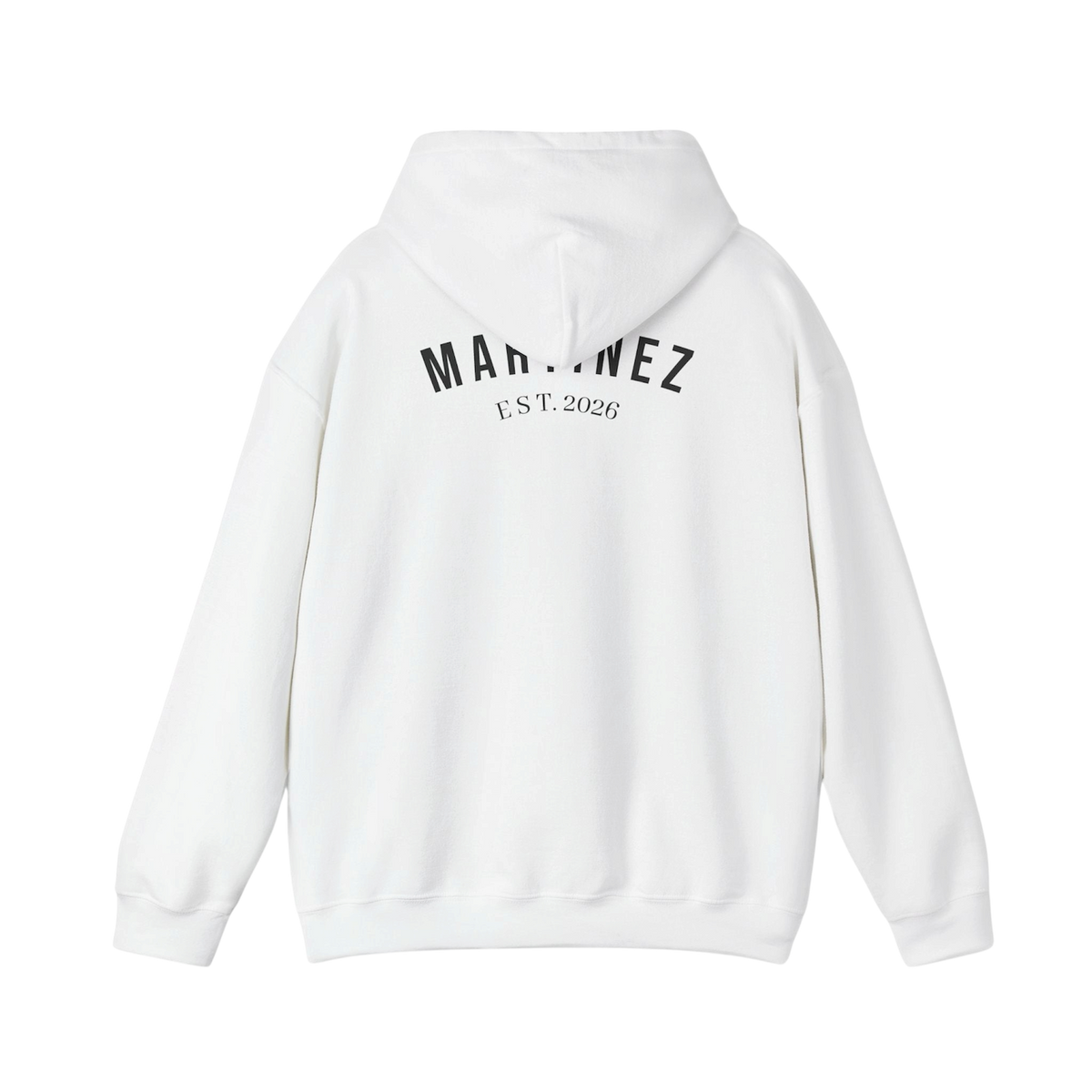 MARTINEZ Hoodie in White - heavyweight 271 GSM unisex hoodie with MARTINEZ EST. 2026 print