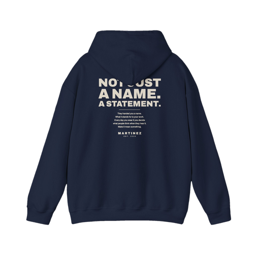 MARTINEZ Statement Hoodie in Navy - back print Not just a name. A statement.