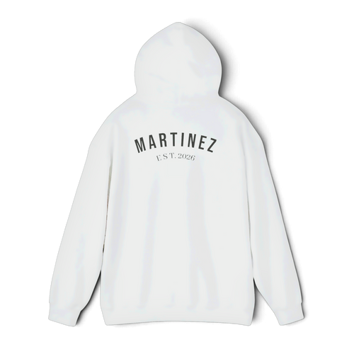 MARTINEZ Hoodie in White - heavyweight 271 GSM unisex hoodie with MARTINEZ EST. 2026 print